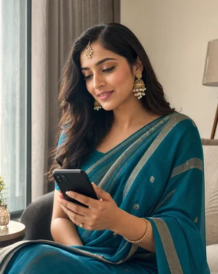 Indian bride managing her matrimony profile privacy on a phone