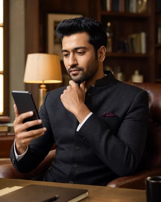 Indian groom reviewing his matrimony account safely